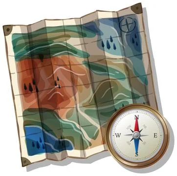 Folded Topographic Map and Compass Vector Illustration 스톡 일러스트