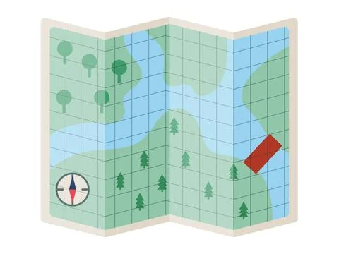 Folded Treasure Map Illustration with Compass Illustrazione stock