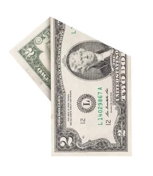 Folded two dollars bill isolated on white background Stock Photos