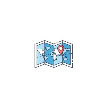 Folded world map with location pin icon for global travel and navigation Stock Illustration