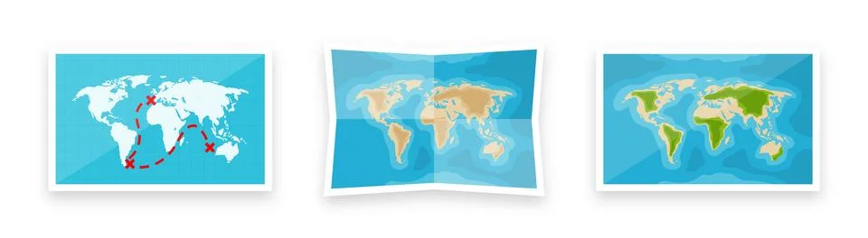 Folded world maps in a flat style. Simplified paper map with shadow. Navigation Stock Illustration