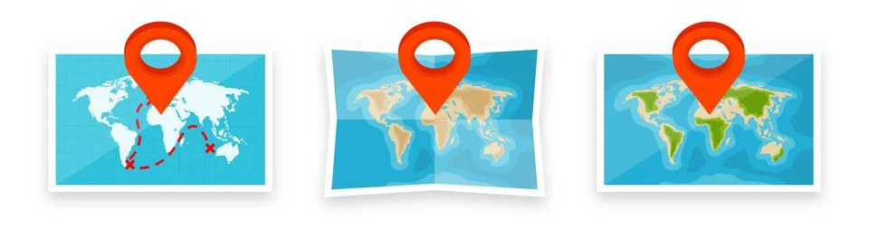 Folded world maps in a flat style. Simplified paper map with red location pin イラスト素材