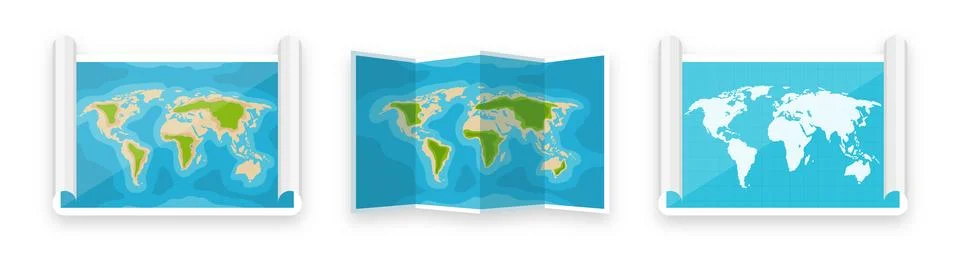 Folded world maps in a flat style. Simplified paper map with shadow. Navigation Stock Illustration