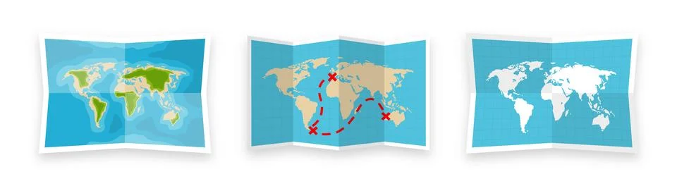Folded world maps in a flat style. Simplified paper map with shadow. Navigation Stock Illustration