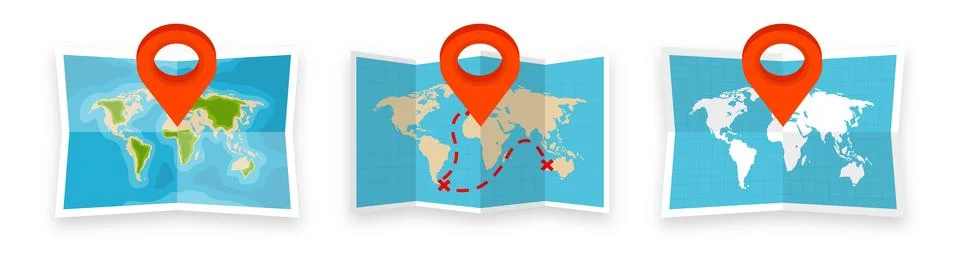 Folded world maps in a flat style. Simplified paper map with red location pin Stock Illustration