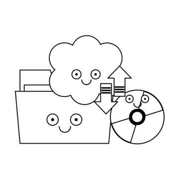 Folder and cd rom with cloud computing in black and white Stock Illustration