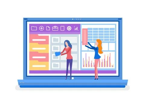 Folder and Chart in Laptop, App and Website Vector Stock Illustration