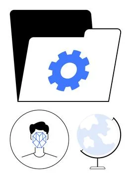 Folder and gear symbolizing data organization, facial recognition representin Illustrazione stock