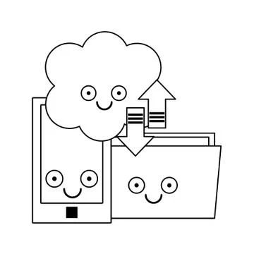 Folder and smartphone with cloud computing in black and white Stock Illustration
