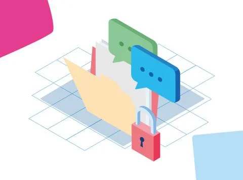 Folder and speech bubbles and padlock, colorful design Stock Illustration