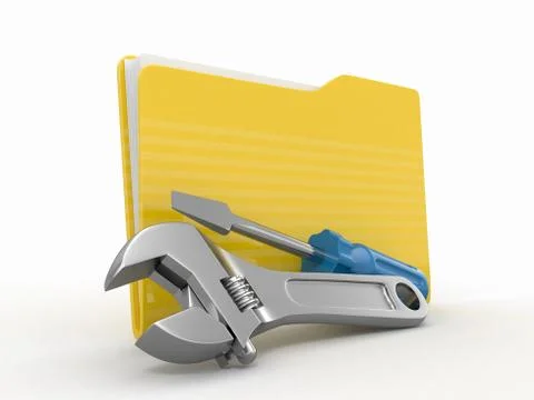 Folder and tools on white isolated background. 3d Stock Illustration