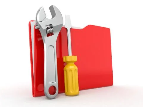 Folder and tools on white isolated background. 3d Stock Illustration
