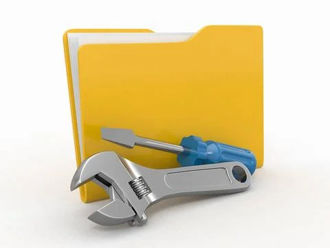 Folder and tools on white isolated background. 3d Folder and tools on whit... Stock Photos