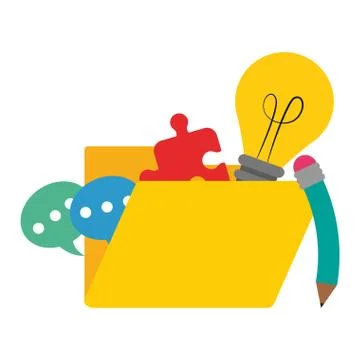 Folder with chat bubbles puzzle and pen with bulb light Illustrazione stock