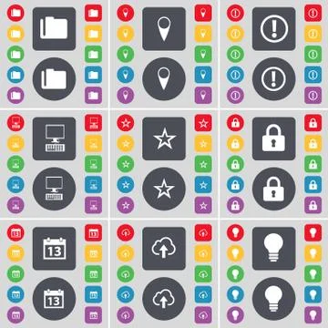 Folder, Checkpoint, Warning, PC, Star, Lock, Calendar, Cloud, Light bulb icon sy Stock Illustration