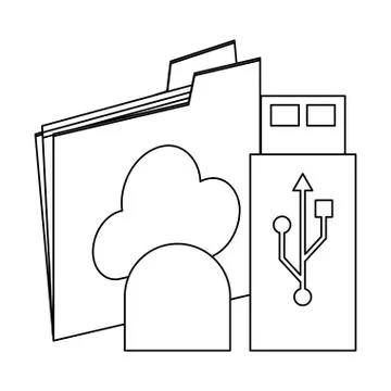 Folder clouds computing and usb black and white Stockillustratie