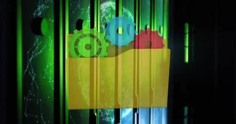 Folder with colorful gears image over data processing servers Illustrazione stock