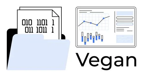 Folder containing binary code documents beside a digital dashboard with graph Stock Illustration