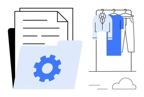 Folder containing papers, gear icon, garments on a clothing rack. Ideal for o Illustrazione stock