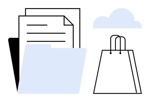 Folder containing papers, a shopping bag, and a cloud icon. Ideal for office  Illustrazione stock
