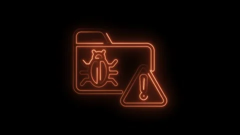 Folder with a cyber virus and warning sign glowing orange neon animation on.. Stock Footage 346003814