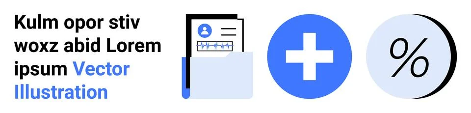 Folder with a document, blue plus sign, and a percentage symbol. Ideal for bu イラスト素材