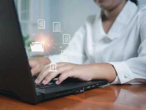 Folder document Management System DMS Open File folder with flying blank do.. Stock Photos