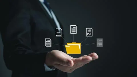 Folder document Management System DMS Open File folder with flying blank do.. Stock Photos