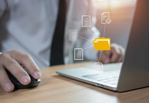 Folder document Management System DMS Open File folder with flying blank do.. Stock Photos