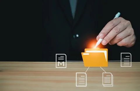 Folder document Management System DMS Open File folder with flying blank do.. Stock Photos