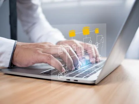 Folder document Management System DMS Open File folder with flying blank do.. Stock Photos