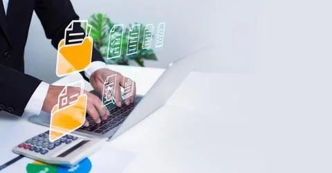 Folder document Management System DMS Open File folder with flying blank do.. Stock Photos