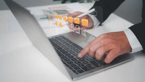 Folder document Management System DMS Open File folder with flying blank do.. Stock Photos