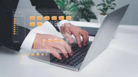 Folder document Management System DMS Open File folder with flying blank do.. Stock Photos