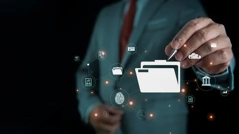 Folder document Management System DMS Open File folder with flying blank do.. 스톡 사진