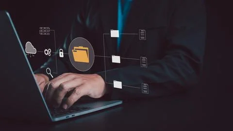 Folder document Management System DMS Open File folder with flying blank do.. Stock Photos