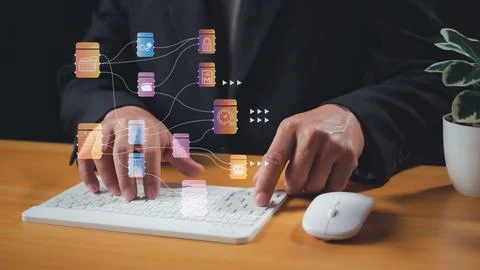 Folder document Management System DMS Open File folder with flying blank do.. Stock Photos