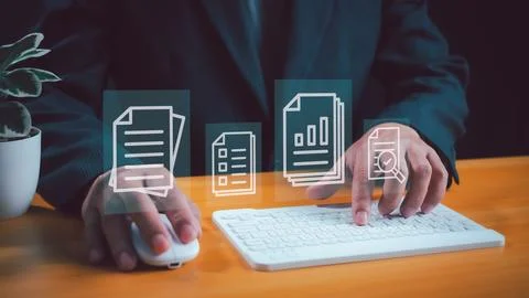 Folder document Management System DMS Open File folder with flying blank do.. Stock Photos