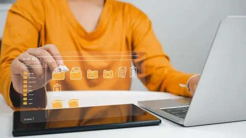 Folder document Management System DMS Open File folder with flying blank do.. Stock Photos