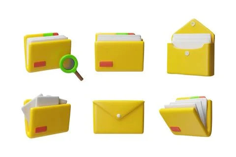 Folder with documents 3D cartoon vector icons set, file management, magnifying Stockillustratie