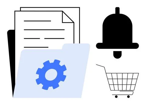 Folder with documents and a blue gear, a notification bell, and a shopping ca Stockillustratie
