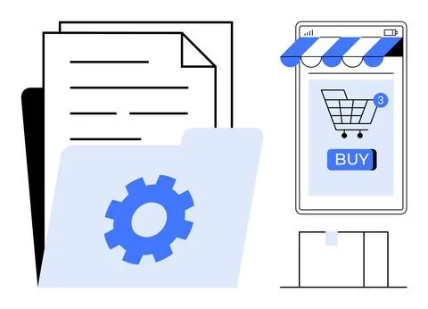 Folder, documents, and gear icon on left, mobile phone screen with shopping c Stock Illustration