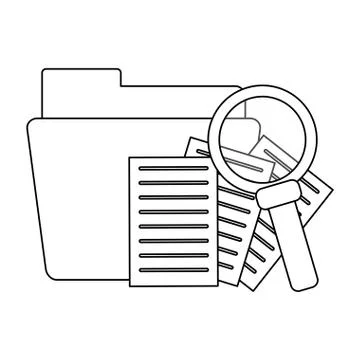 Folder with documents and magnifying glass black and white 库存插图