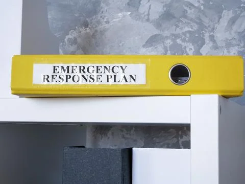 A folder with emergency response plan lies on an office shelf. Foto stock