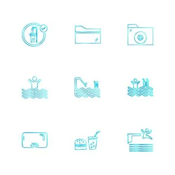 Folder ,files , summer , beach , picnic , drinks , eps icons set vector Stock Illustration