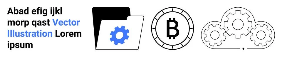 Folder with gear icon, Bitcoin logo in circle, interconnected gears, and samp Illustrazione stock