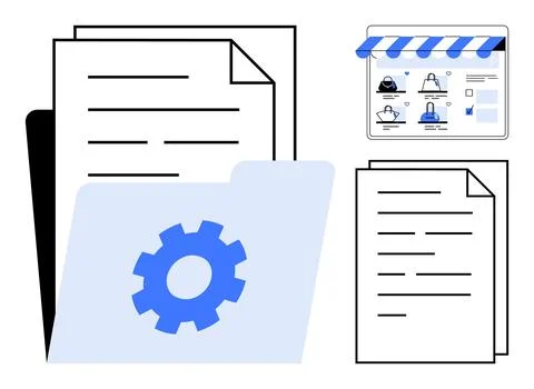 Folder with gear icon, papers with text lines, online storefront with product Illustrazione stock