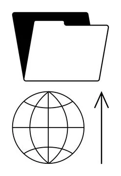 Folder with Globe and Upward Arrow Indicating Global Data Transfer and Onli.. Stock Illustration