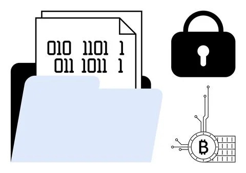 Folder holding binary code documents, a secure padlock, and cryptocurrency ci 스톡 일러스트