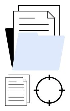 Folder holding papers, separate document stack, and a target circled in black イラスト素材